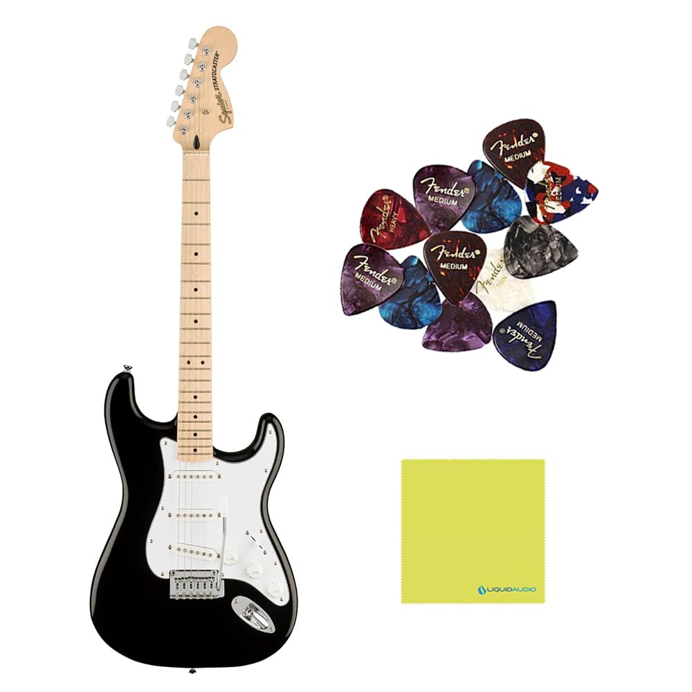 Squier Affinity Series™ Stratocaster®, Maple Fingerboard, Black - 0378002506 Bundle w/ 12-Pack Guitar Pick and Liquid Audio Polishing Cloth