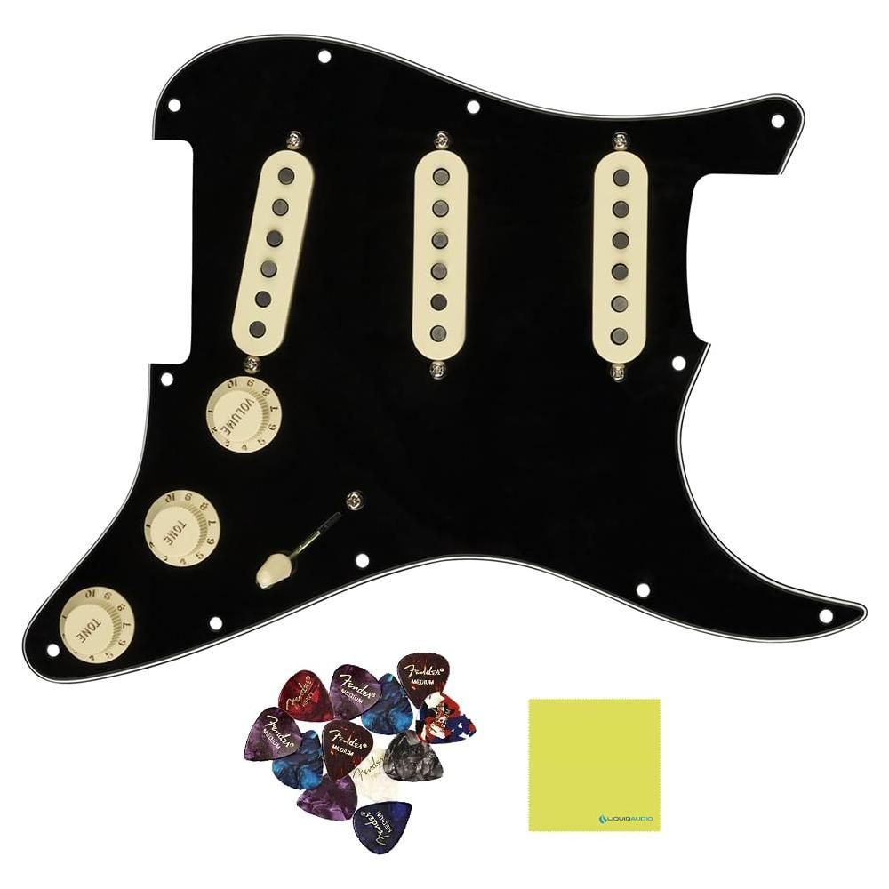 Fender Stratocaster Pickguard Pre-Wired Strat® Texas Special SSS Black BUNDLE with 12x Fender Guitar Picks and Liquid Audio Polishing Cloth - Fender Strat Pickguard, Scratch Plate