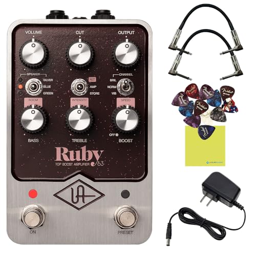 Universal Audio UAFX Ruby '63 Top Boost Amplifier Bundle with 2 Right Angle Patch Cables, 9V Power Adapter, 12 Guitar Picks, and Polishing Cloth – Vintage British Tube Amp Tones, Dynamic Response