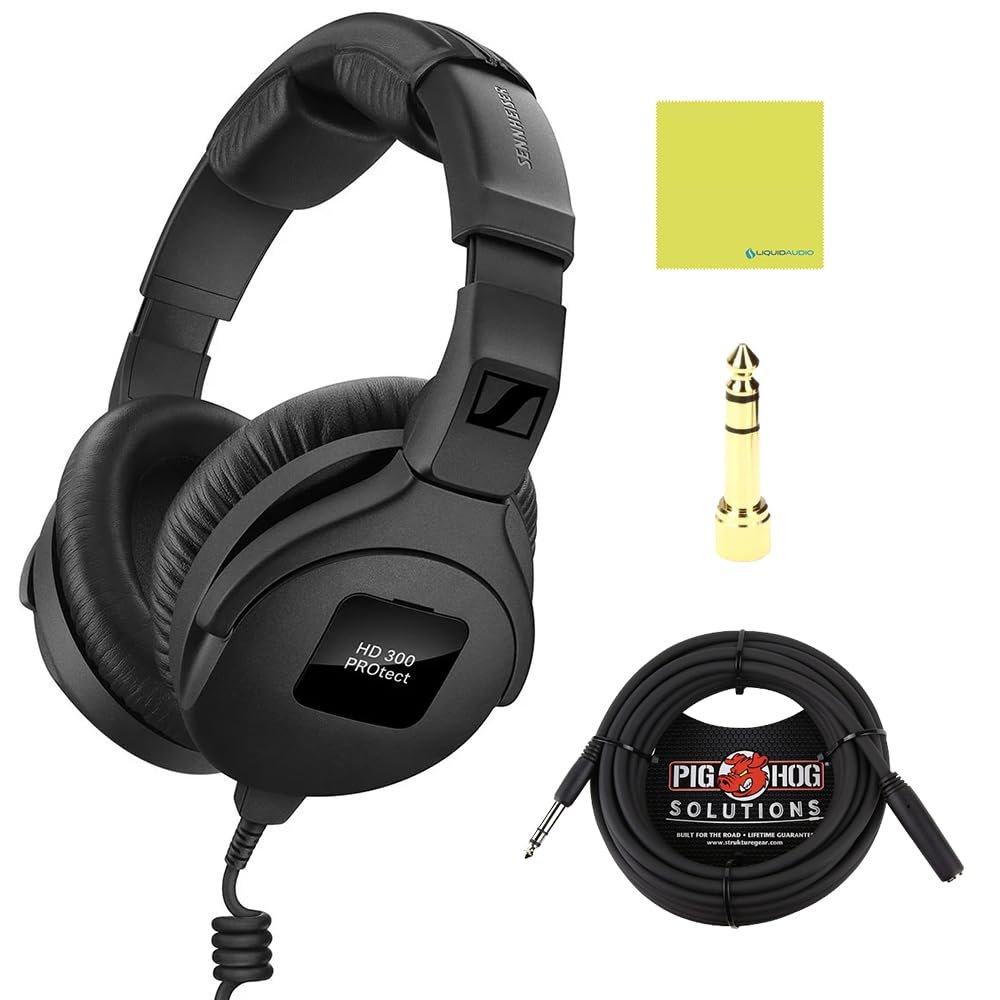 Liquid Audio Sennheiser HD 300 PROtect Professional Closed-back Audio Headphones, Black Bundle w/Pig Hog PHX14-25 1/4" Headphone Extension Cable Polishing Cloth