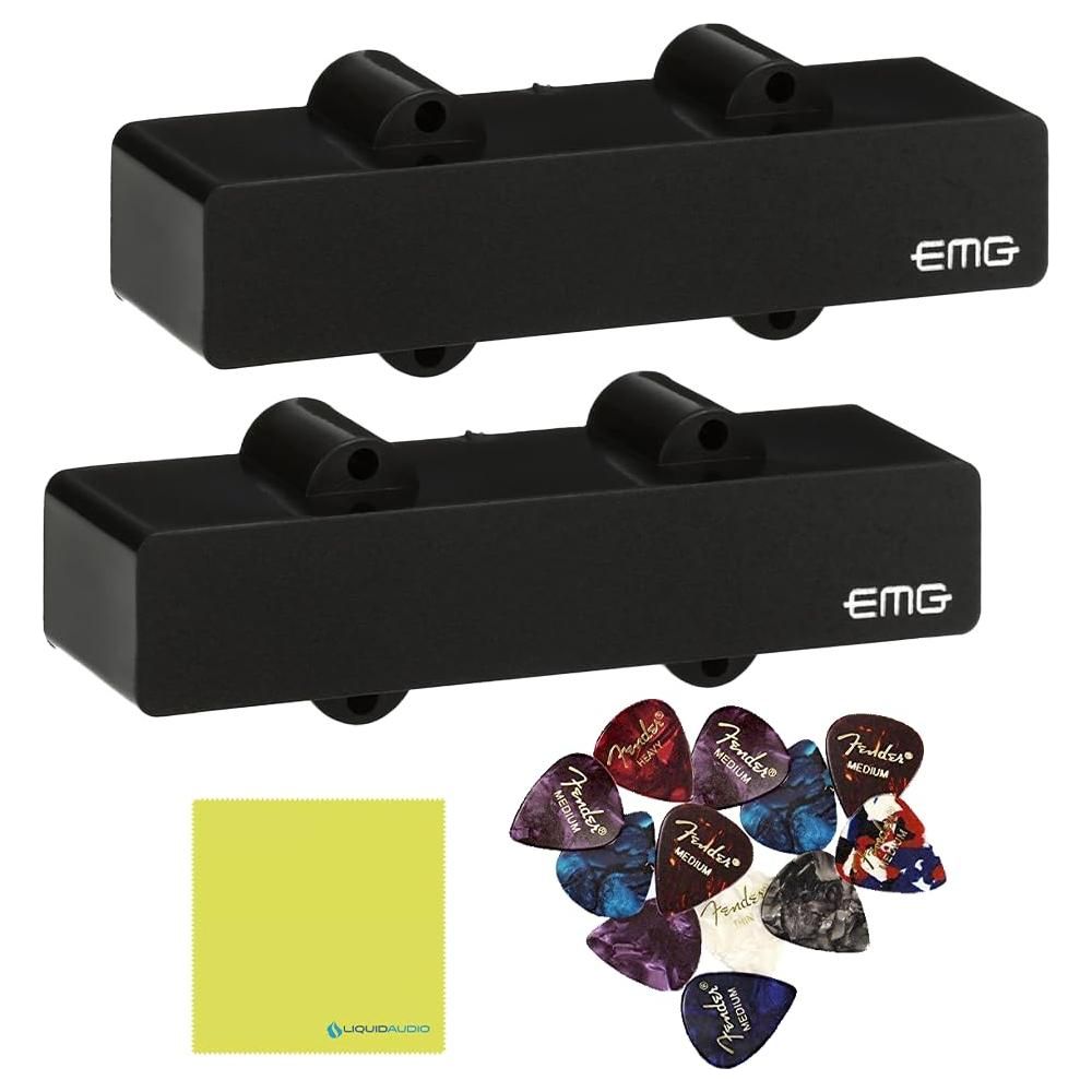 EMG J Active Bass Guitar Pickup Set, Black Bundle w/ 12x Guitar Picks, and Liquid Audio Polishing Cloth