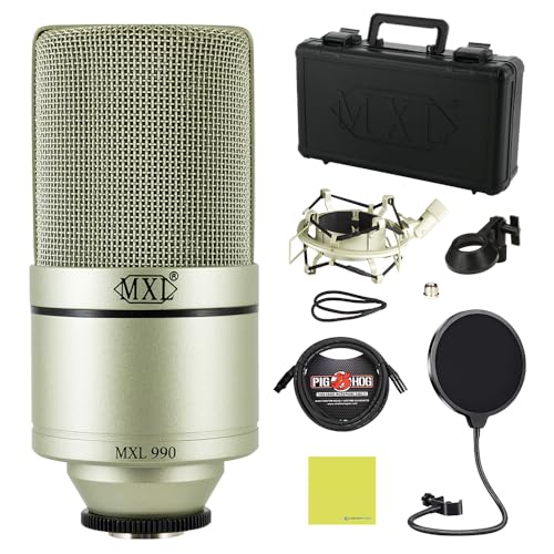 Liquid Audio - MXL 990 Large-diaphragm Condenser Microphone Bundle w/Pig Hog PHM10 8mm Mic Cable, Pop Filter Polishing Cloth