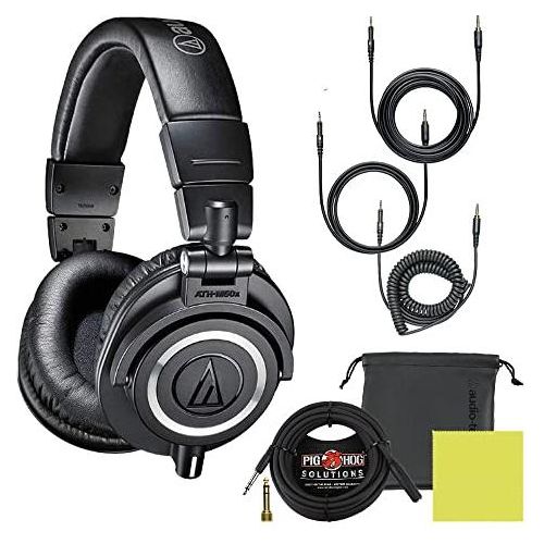 Audio Technica ATH-M50X Professional Studio Monitor Headphones Black Bundle w/Pig hog 25 Extension Cable & Liquid Polishing Cloth with Detachable Cable