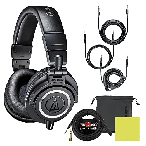 Audio Technica ATH-M50X Professional Studio Monitor Headphones Black Bundle with Pig hog Extension Cable & Liquid Polishing Cloth with Detachable Cable