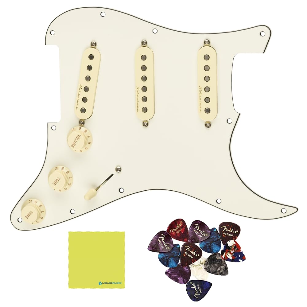 Fender Pre-Wired Strat® Pickguard, Vintage Noiseless SSS, Parchment - 0992344509 Bundle w/ 12-Pack Guitar Pick and Liquid Audio Polishing Cloth