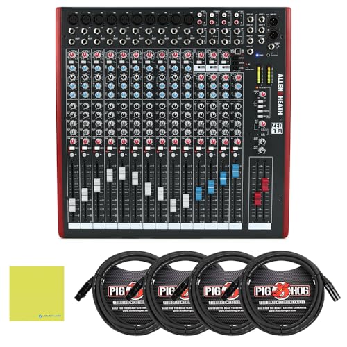 Allen & Heath ZED-18 Multipurpose Mixer for Live Sound and Recording Bundle w/ 4-Pack Pig Hog PHM10 8mm Mic Cable and Liquid Audio Polishing Cloth