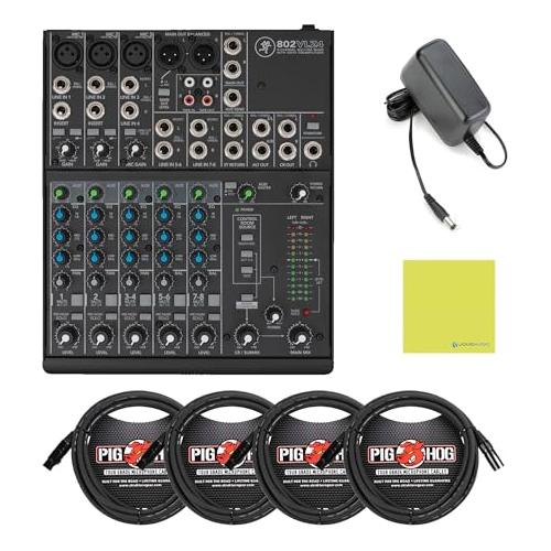 Mackie 802VLZ4 8-Channel Ultra-Compact Analog Mixer Bundle w/ 4-Pack Pig Hog PHM10 8mm Mic Cable and Liquid Audio Polishing Cloth