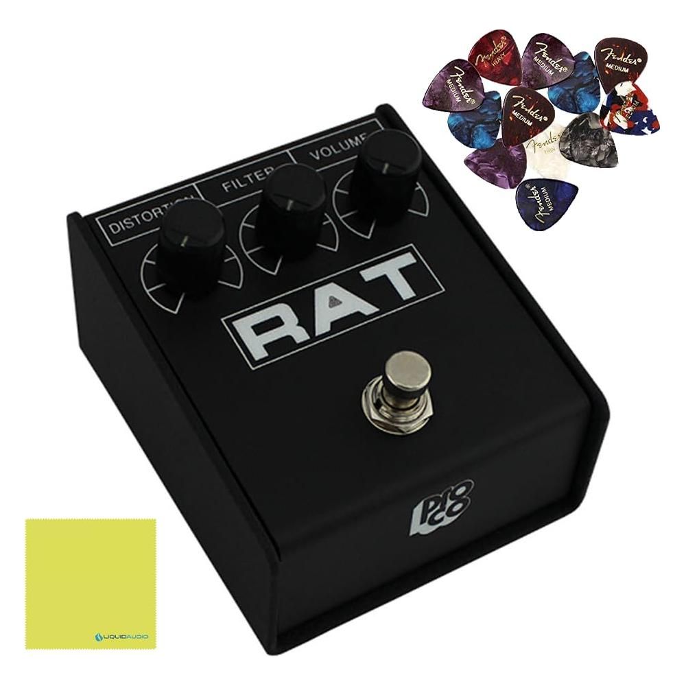 Pro Co RAT 2 Distortion Overdrive Pedal Bundle with 12x Fender Picks and Liquid Audio Polishing Cloth