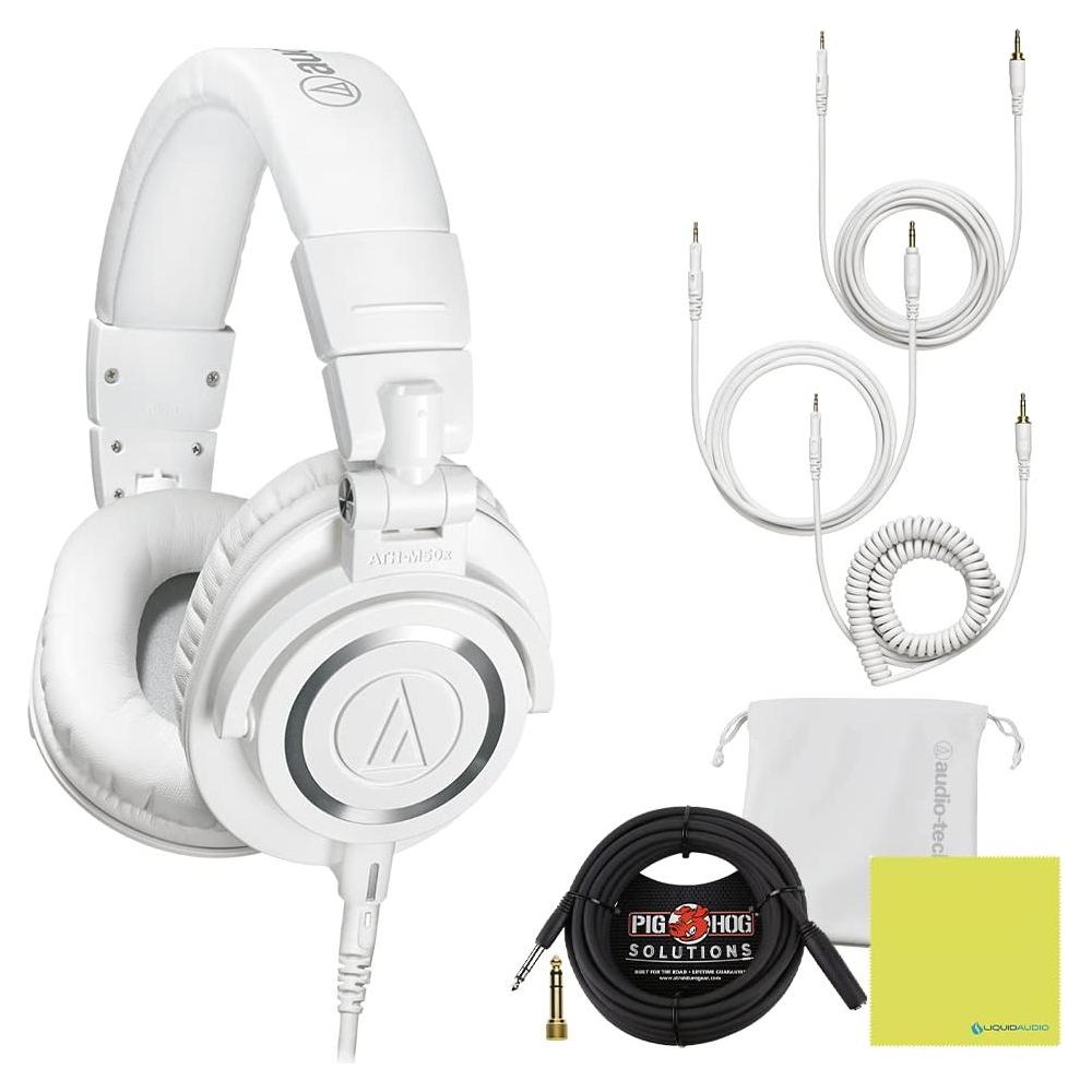 Audio Technica Professional Studio Monitor Headphones White Bundle w/Pig hog 25 Extension Cable & Liquid Audio Polishing Cloth with Detachable Cable