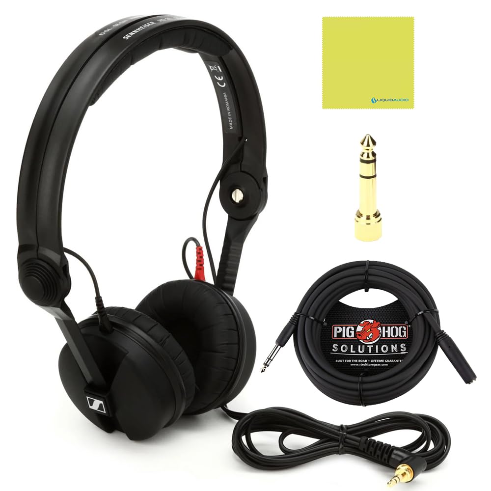 Liquid Audio Sennheiser HD 25 On-Ear DJ Headphones, Black Bundle w/Pig Hog PHX14-25 1/4