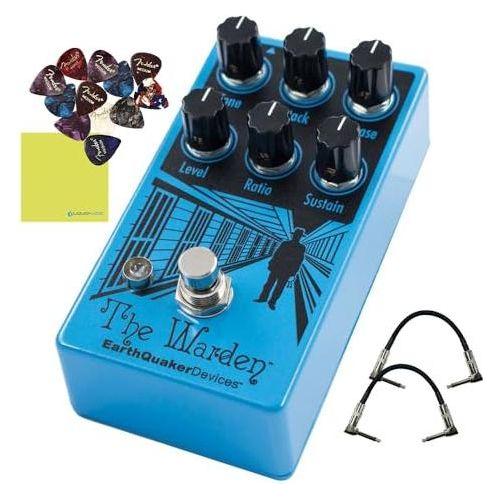 EarthQuaker Devices The Warden® Optical Compressor Bundle w/2x Strukture S6P48 Woven Right Angle Patch Cables, 12x Guitar Picks and Liquid Audio Polishing Cloth