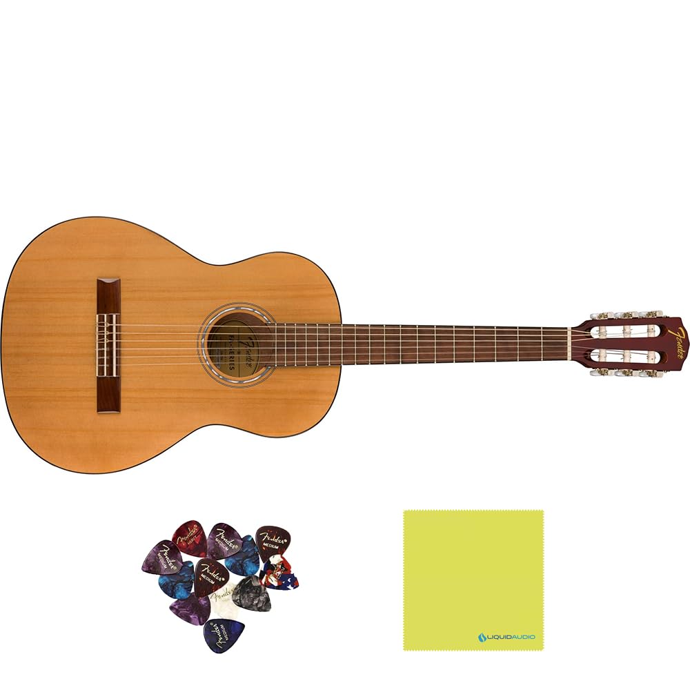 Fender FA-15N 3/4 Nylon Acoustic Guitar, Walnut Fingerboard, Natural - 0971160121 Bundle w/ 12-Pack Guitar Pick and Liquid Audio Polishing Cloth