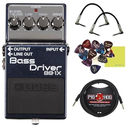 Boss BB-1X Bass Driver Pedal Bundle w/ 2-Pack Strukture S6P48 Woven Right Angle Patch Cable, Pig Hog PCH10BK "Black Woven" Instrument Cable, 12-Pack Guitar Pick and Liquid Audio Polishing Cloth