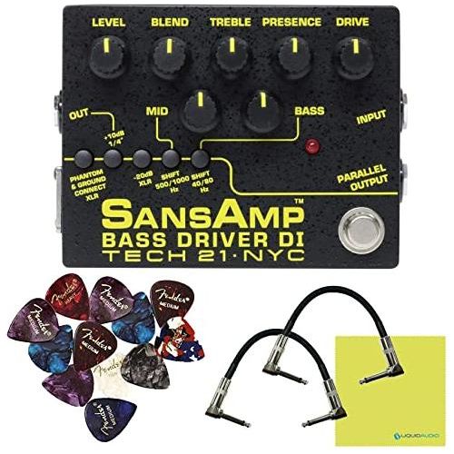 Tech 21 SansAmp Bass Driver DI V2 Pedal Bundle w/Patch Cables, Fender Guitar Picks 12 Pack & Liquid Audio Polishing Cloth