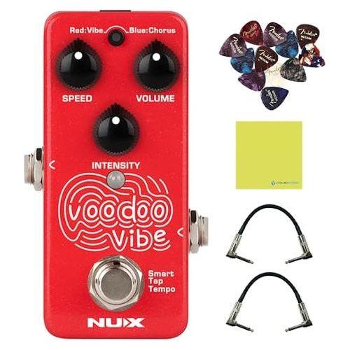 NUX Voodo Vibe NCH-3 Mini Uni-Vie Effect Pedal Bundle w/2x Strukture S6P48 Woven Right Angle Patch Cables, 12x Guitar Picks and Liquid Audio Polishing Cloth