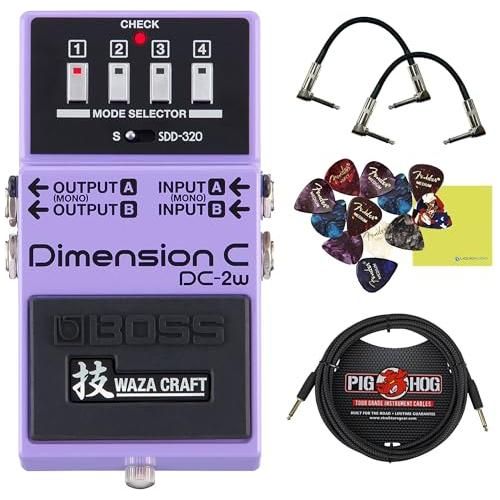 Boss DC-2W Dimension C Pedal Bundle w/ 2-Pack Strukture S6P48 Woven Right Angle Patch Cable, Pig Hog PCH10BK "Black Woven" Instrument Cable, 12-Pack Guitar Pick and Liquid Audio Polishing Cloth