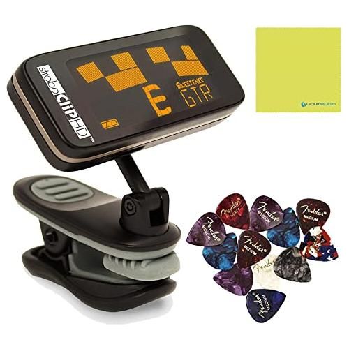 Peterson StroboClip HD Clip-On Tuner Bundle for Guitar, Bass, Violin, Ukulele, Harp, Brass, Woodwind, Orchestral w/ 12-Pack Fender Guitar Picks & Liquid Audio Polishing Cloth