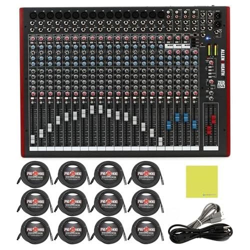 Allen & Heath Zed-24 Multipurpose Mixer Bundle w/ 16-Pack Pig Hog PHM15 8mm Mic Cable and Liquid Audio Polishing Cloth