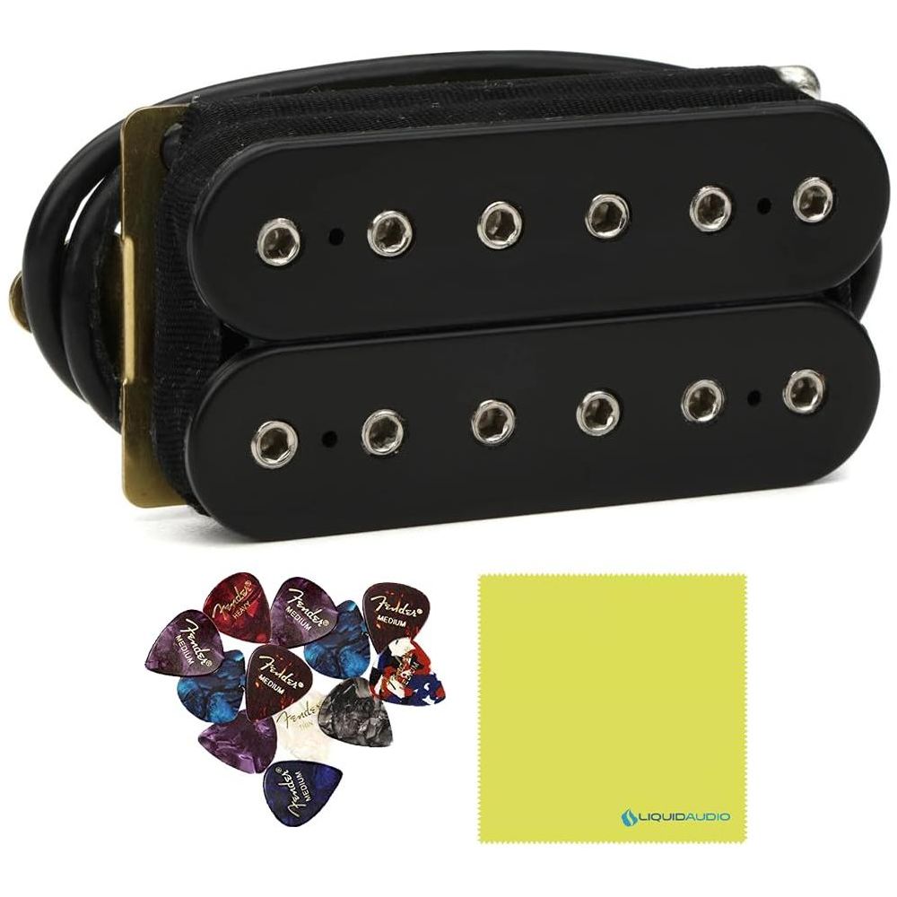 DiMarzio DP100FBK Super Distortion F-Spaced Humbucker Pickup, Black Bundle w/ 12x Fender Guitar Picks and Liquid Audio Polishing Cloth