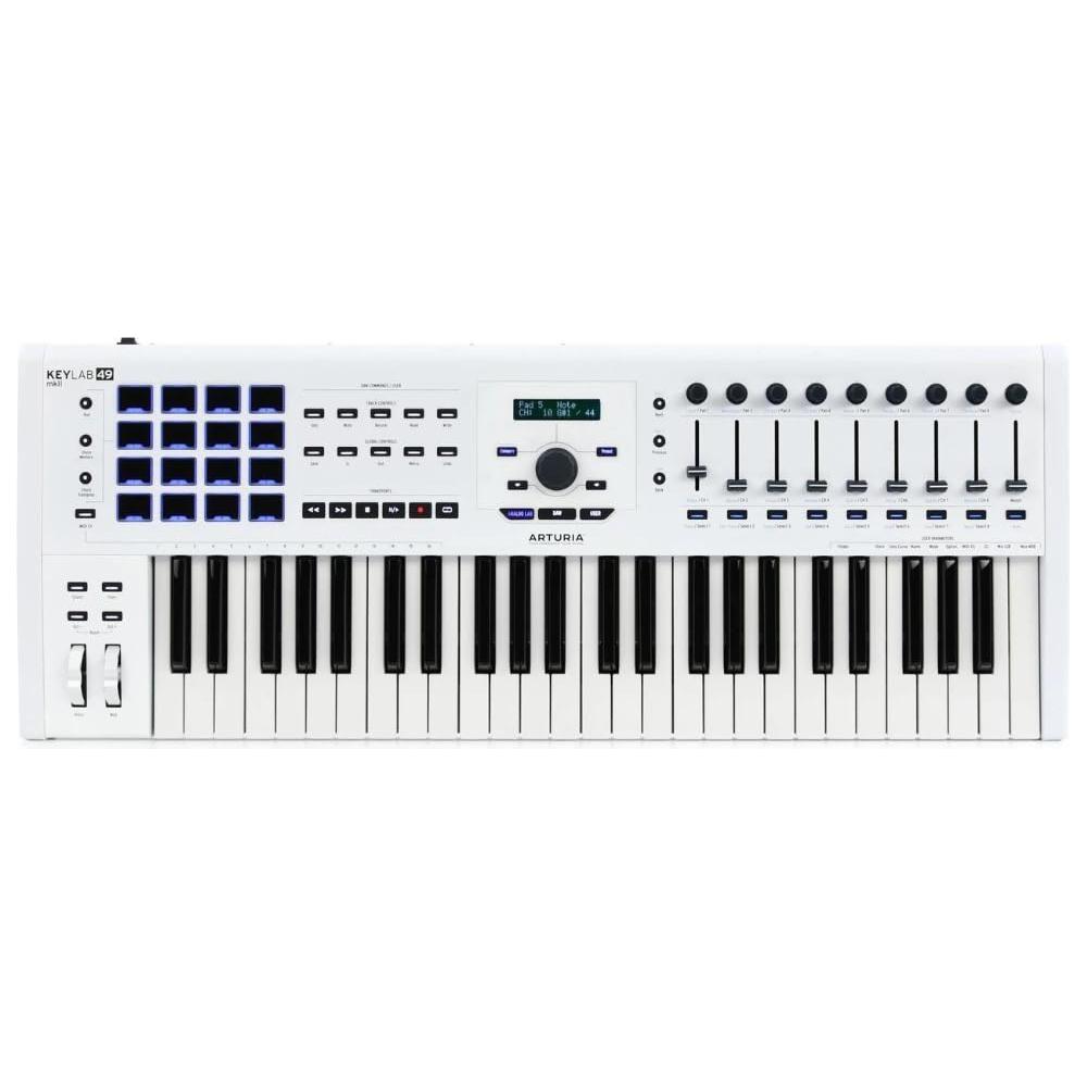 Arturia KeyLab 49 MkII White Semi Weighted MIDI Keyboard Controller Bundle w/Deluxe Sustain Pedal, USB Cable & Liquid Audio Polishing Cloth (4 Items)