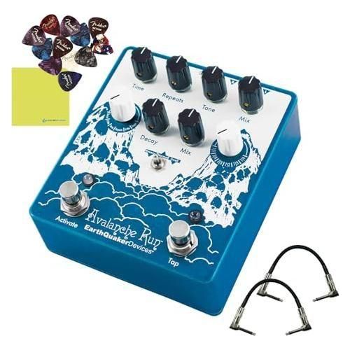 EarthQuaker Devices Avalanche Run Stereo Reverb & Delay with Tap Tempo Bundle w/2x Strukture S6P48 Woven Right Angle Patch Cables, 12x Guitar Picks and Liquid Audio Polishing Cloth