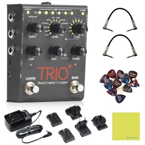 KMC Digitech TRIOPLUS Trio+ Band Creator and Looper Effects Pedal Bundle w/2x Strukture S6P48 Woven Right Angle Patch Cables, 12x Guitar Picks and Liquid Audio Polishing Cloth