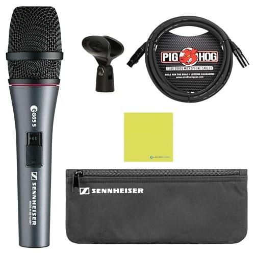 Liquid Audio - Sennheiser E 865-S Supercardioid Condenser Handheld Vocal Microphone with Switch Bundle w/Pig Hog PHM10 8mm Mic Cable Polishing Cloth