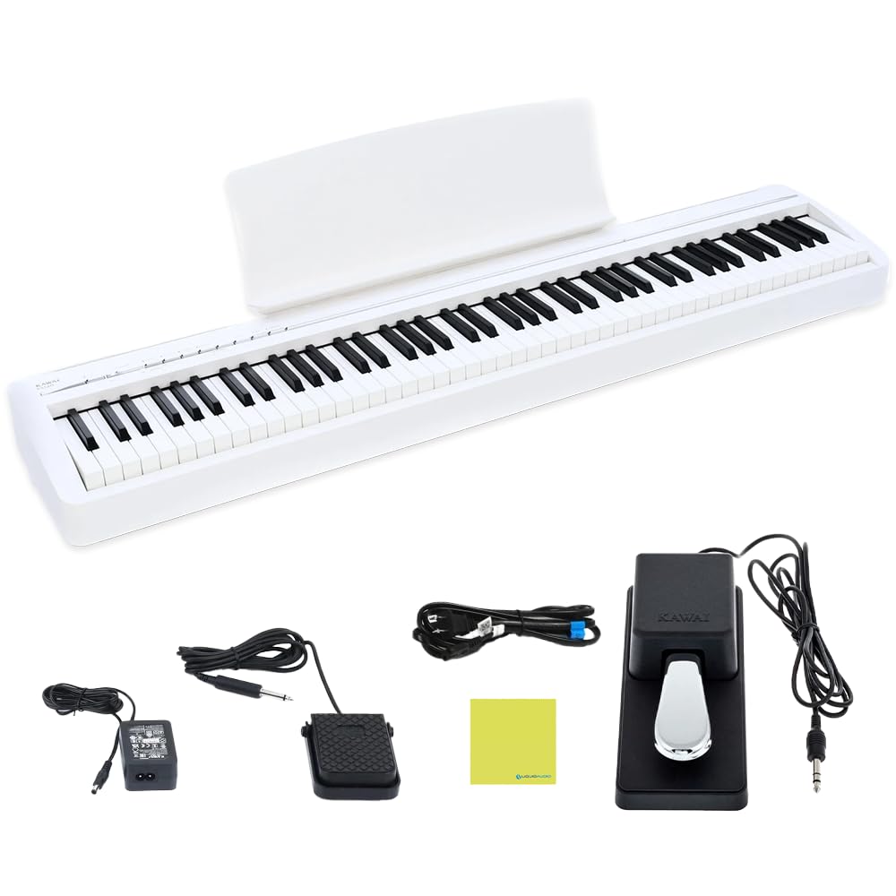 Kawai ES120 88-Key Portable Digital Piano, Elegant White Bundle with Kawai F-10H Damper Pedal and Liquid Audio Polishing Cloth