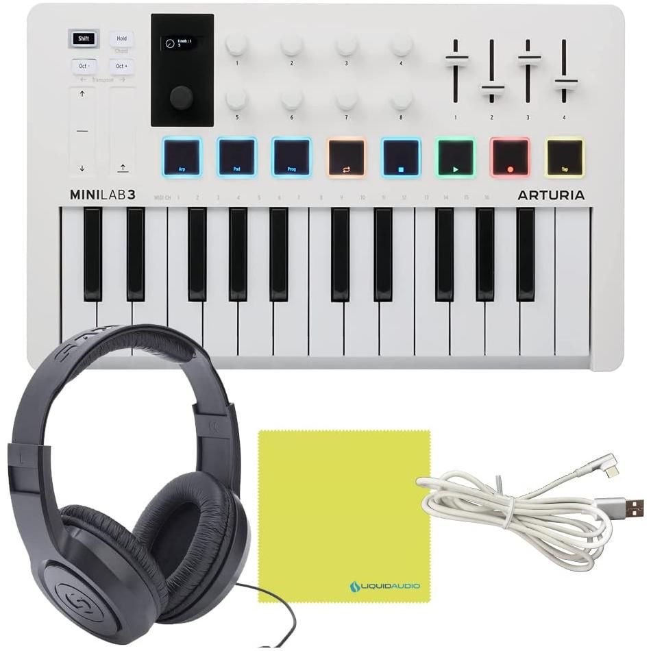 Arturia MiniLab 3 MIDI Keyboard Controller Bundle with Samson Headphones SR350 Over Ear, USB Cable & Polishing Cloth