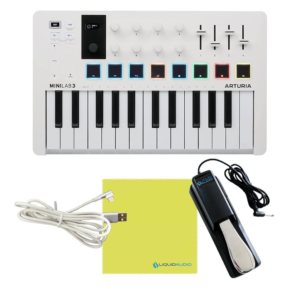 Arturia MiniLab 3 MIDI Keyboard Controller Bundle with Deluxe Sustain Pedal, USB Cable & Liquid Audio Polishing Cloth - 25 Key MIDI Keyboard for Recording Studio Equipment, Software Included (WHITE)