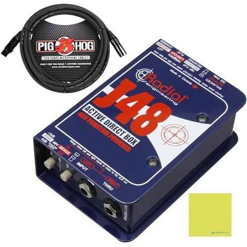 Radial Engineering J48 Premium Phantom Powered Active Direct Box Bundle w/Pig Hog PHM10 8mm 10ft XLR Mic Cable and Liquid Audio Polishing Cloth