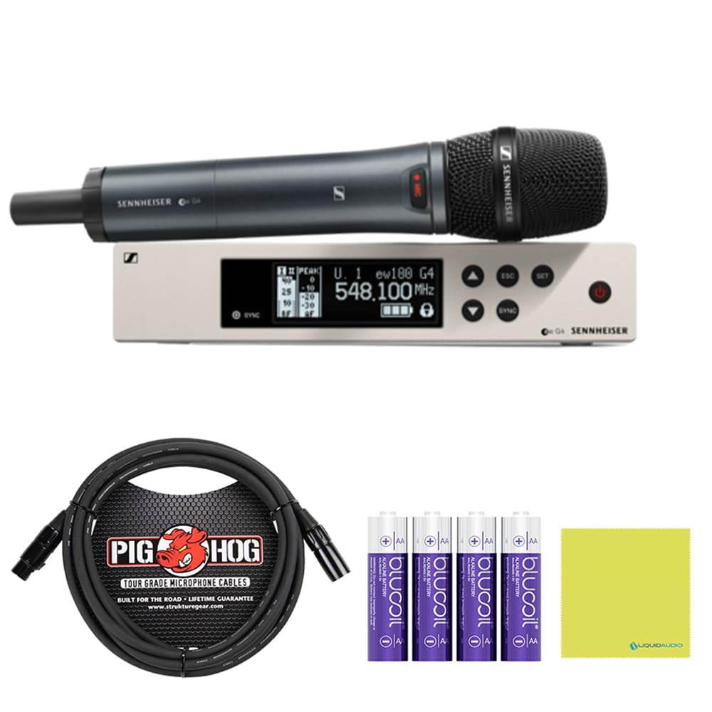 Sennheiser EW 100 G4-945-S-G Wireless Microphone System Bundle with 10ft Pig Hog XLR Cable, 4 Blucoil AA Batteries & Polishing Cloth – Reliable Performance, Up to 100m Range