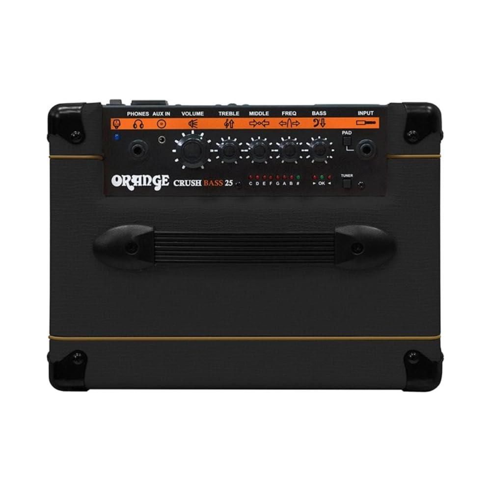 Orange Crush Bass 25 Black Guitar Combo Amp Bundle w/Pig Hog Black Woven Instrument Cable and Liquid Audio Polishing Cloth 1x8 25 Watts, 3 Band EQ & Integrated Chromatic Tuner