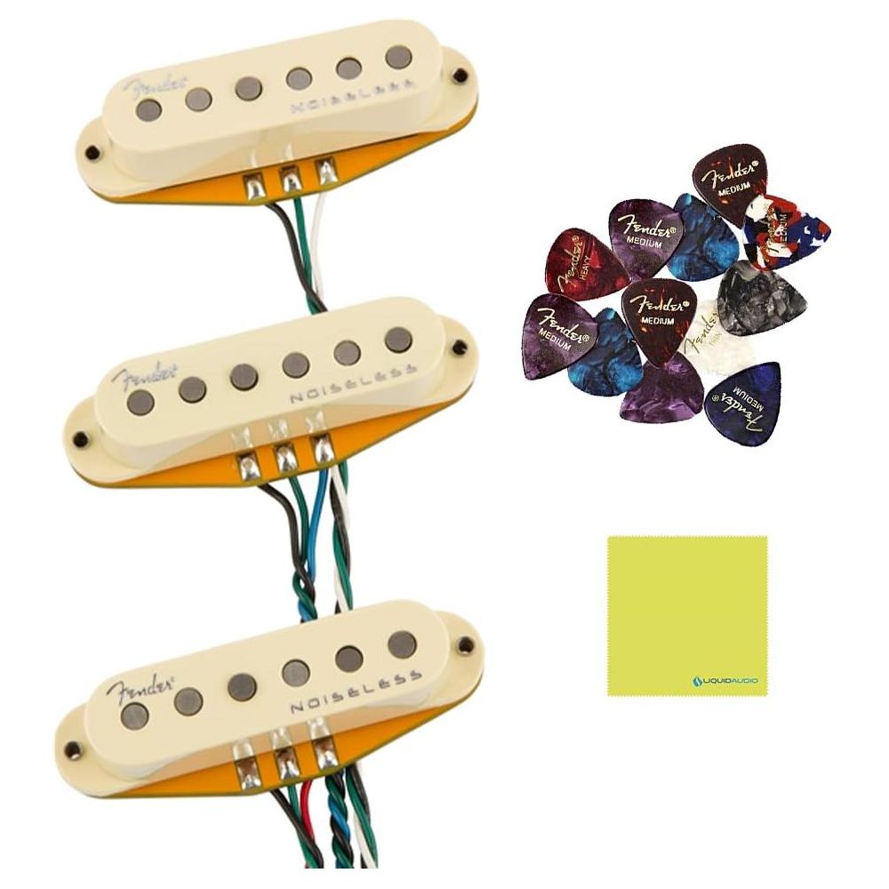 Fender Noiseless Stratocaster Pickups Set Bundle with 12x Fender Guitar Picks and Liquid Audio Instrument Polishing Cloth - Gen 4 Noiseless, Guitar Pickups Single Coil