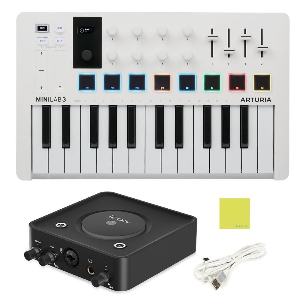 Arturia MiniLab 3 Mini Hybrid Keyboard Controller Bundle w/iCON Pro Audio USolo Recording Interface, USB Cable & Liquid Audio Polishing Cloth