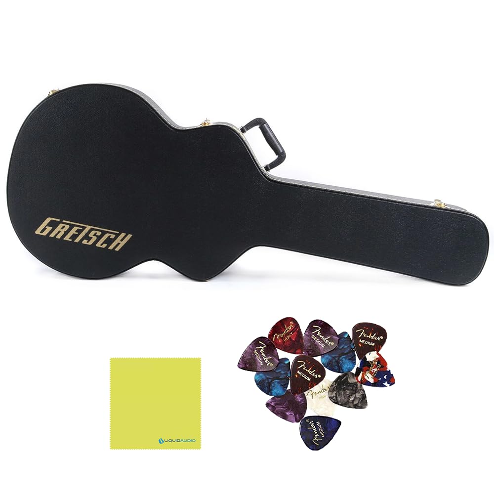 Liquid Audio Gretsch® G6241FT 16" Hollowbody Flat Top Hardshell Guitar Case, Black, 0996475000 Bundle w/ 12-Pack Guitar Pick Polishing Cloth