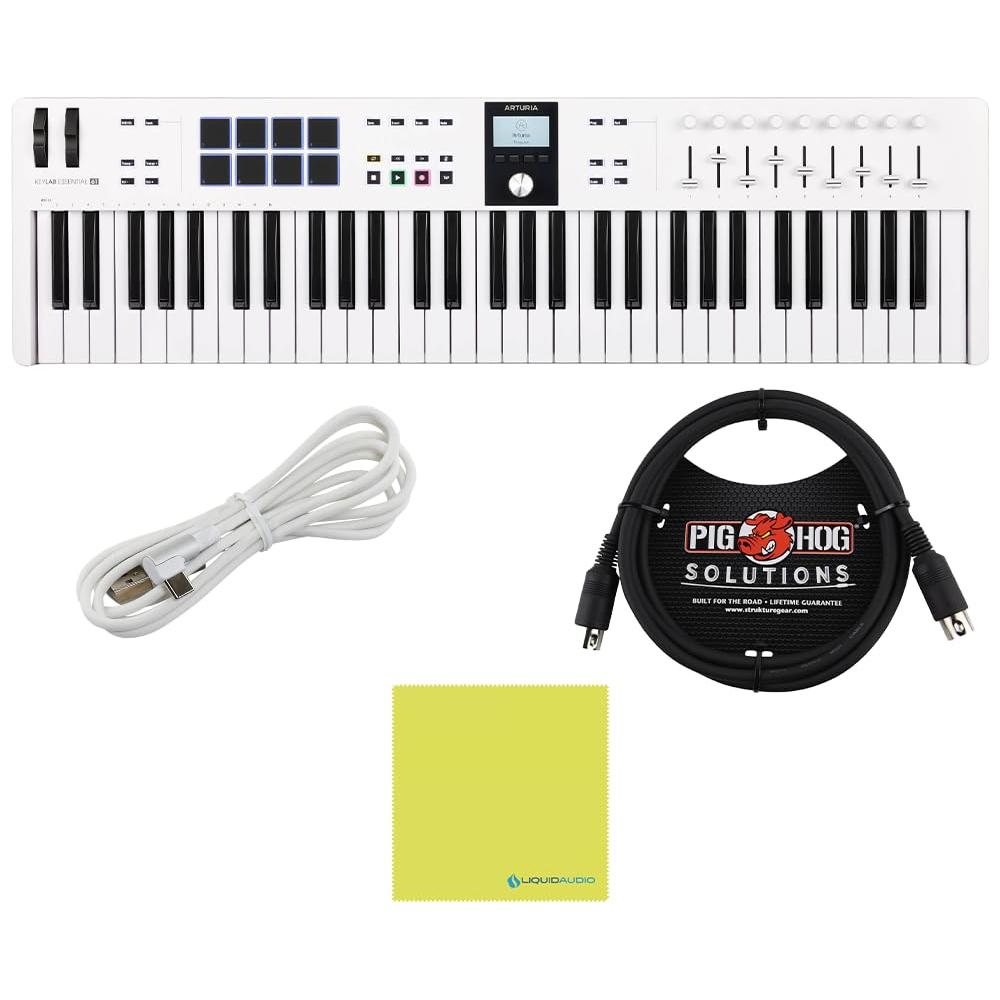 Arturia KeyLab Essential mk3 MIDI Controller BUNDLE with MIDI Keyboard, 6ft Pig Hog MIDI Cable, USB Cable & Polishing Cloth - 61 Key Keyboard, Software Integration, Flexible Connectivity