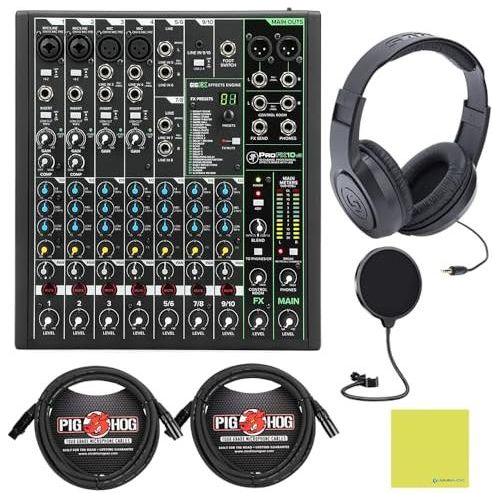 Mackie ProFX10v3 10-Channel Analog Mixer with USB Bundle w/Samson Over-Ear Stereo Headphones, 2-Pack Pig Hog 8mm XLR Mic Cable, Liquid Audio Pop Filter and Liquid Audio Polishing Cloth