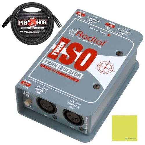 Radial Engineering Twin-Iso Two Channel Line Level Isolator Bundle w/Pig Hog PHM10 8mm Mic XLR Cable and Liquid Audio Polishing Cloth