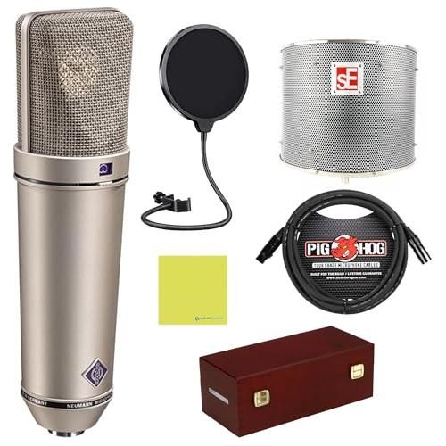 Liquid Audio Neumann U 87 AI Large-diaphragm Condenser Studio Microphone Bundle w/sE Electronics RF Reflexion Filter Pro, Pig Hog PHM10 8mm Mic Cable, Pop Filter Polishing Cloth