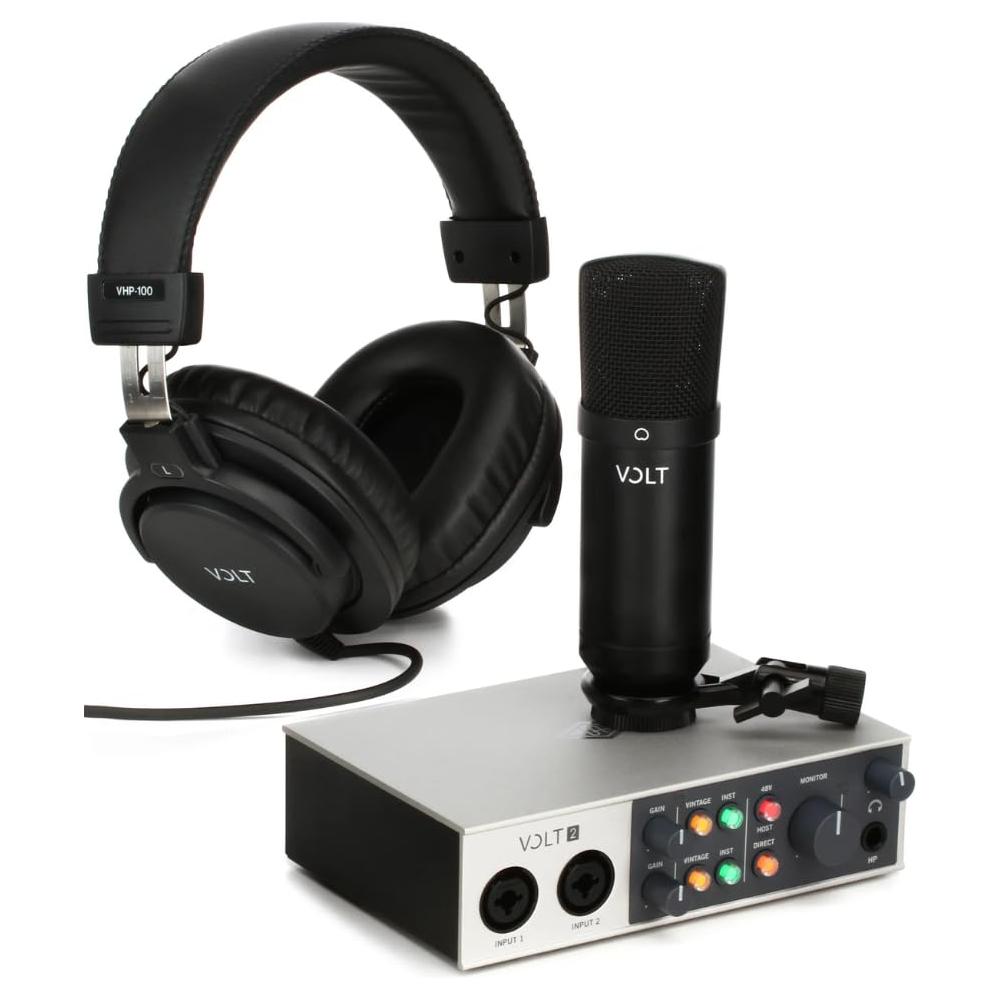 Universal Audio Volt 2 Studio Pack - USB Audio Interface, Condenser Mic and Studio Headphones Bundle with 2X Pig Hog 8mm XLR Mic Cable, 2X Pig Hog Instrument Cable, Mic Pop Filter and Polishing Cloth