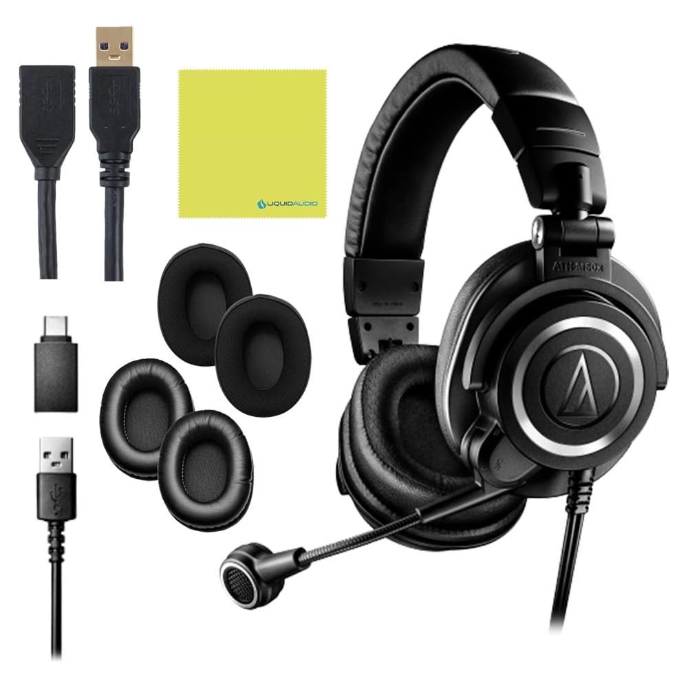 Audio Technica ATH-M50X STS-USB StreamSet USB Streaming Headset Bundle with 3ft USB Extension Cable 3.0 and Instrument Polishing Cloth - Podcast Headphones, Streaming Headset with Mic