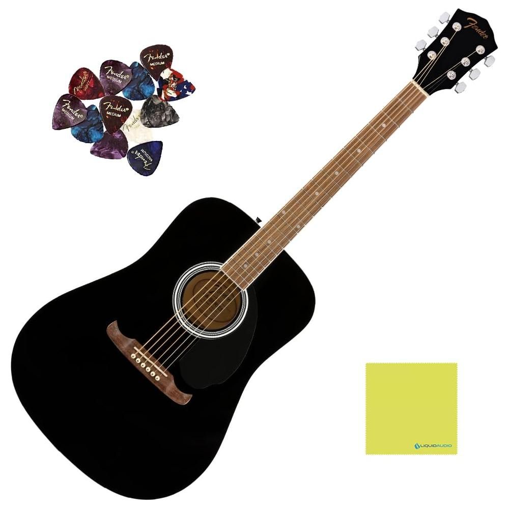 Fender Dreadnought Acoustic Guitar Walnut Fingerboard, Black Guitar Bundle with 12x Fender Guitar Picks and Liquid Audio Instrument Polishing Cloth - FA-125 Model