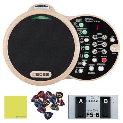 Boss DR-01S Rhythm Partner Bundle w/Boss FS-6 Dual Footswitch, 12-Pack Guitar Pick and Liquid Audio Polishing Cloth