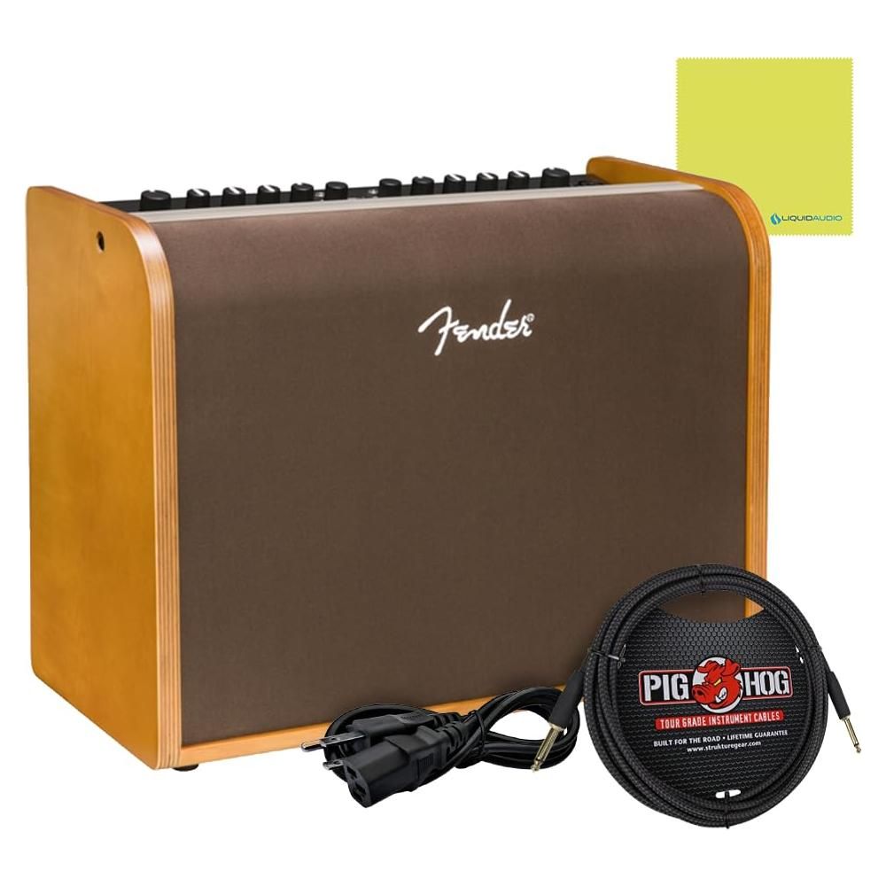 Fender Acoustic Guitar Amplifier 100-watt, Natural Blonde Bundle w/Pig Hog PCH10BK Black Woven Instrument Cable, Power Cable and Liquid Audio Polishing Cloth