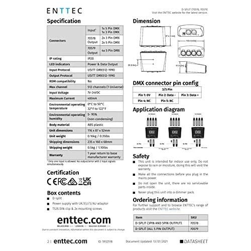 Enttec D-Split 70579 DMX 4 Port Isolated Splitter / Isolator (5-Pin)