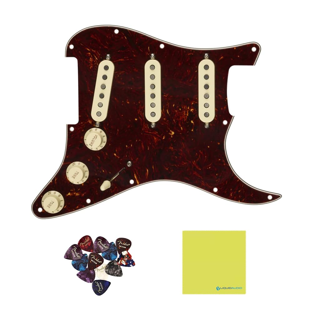 Fender Pre-Wired Strat® Pickguard, Custom Shop Fat 50's SSS, Tortoise Shell - 0992340500 Bundle w/ 12-Pack Guitar Pick and Liquid Audio Polishing Cloth