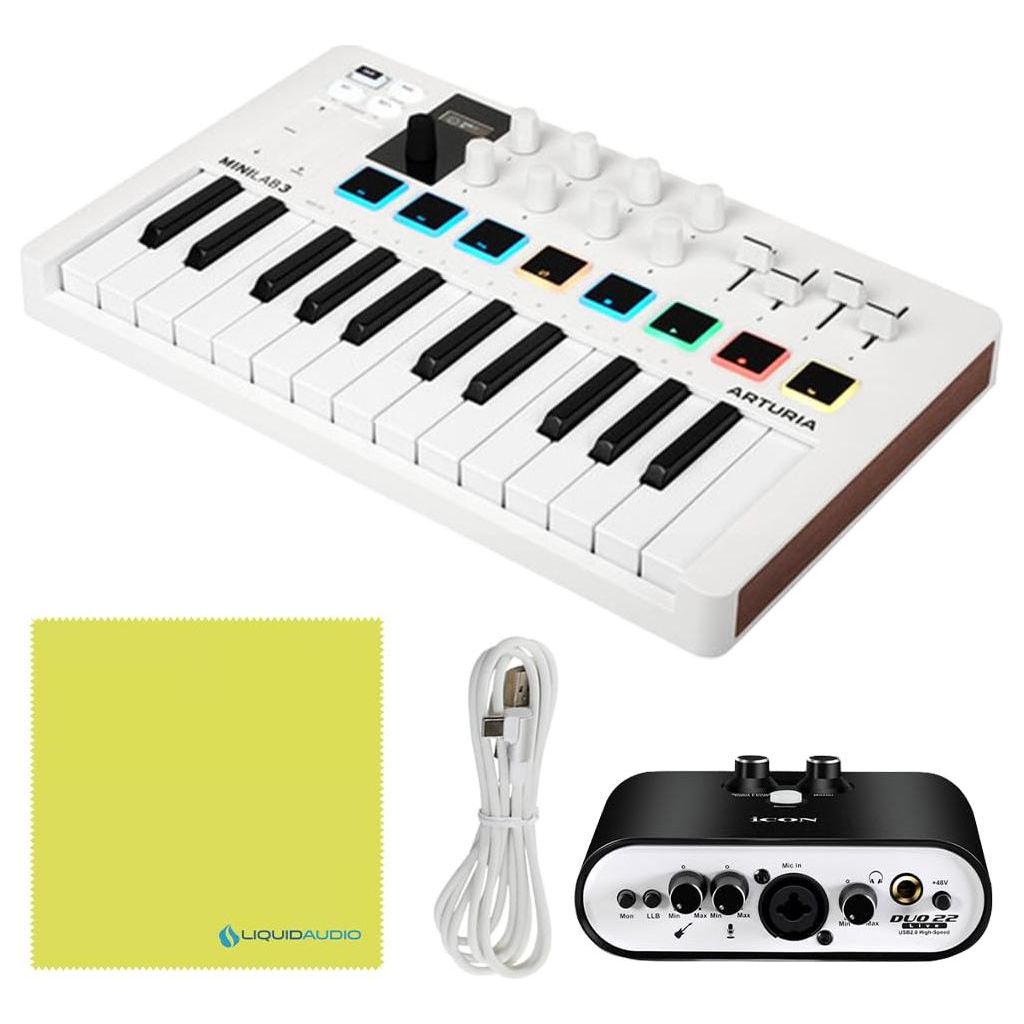 Arturia MiniLab 3 MIDI Keyboard Controller Bundle with Icon Duo22 Live USB Audio Interface, USB Cable & Polishing Cloth