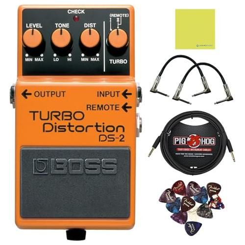 Boss DS-2 Turbo Distortion Pedal Bundle w/ 2-Pack Strukture S6P48 Woven Right Angle Patch Cable, Pig Hog PCH10BK 