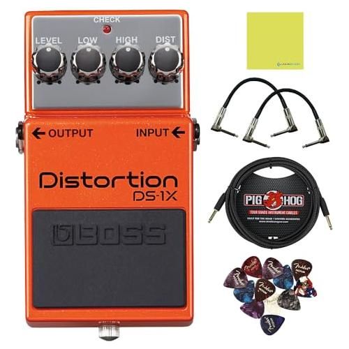 Boss DS-1X Distortion Pedal Bundle w/ 2-Pack Strukture S6P48 Woven Right Angle Patch Cable, Pig Hog PCH10BK "Black Woven" Instrument Cable, 12-Pack Guitar Pick and Liquid Audio Polishing Cloth